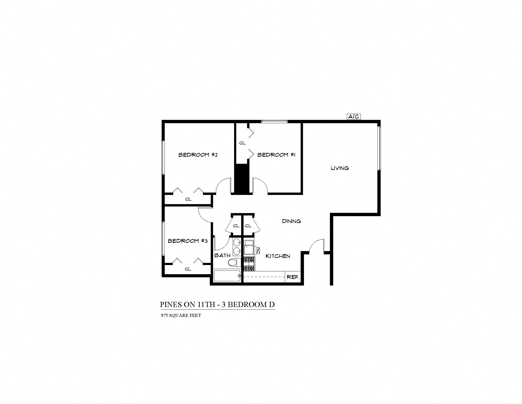 Floor plan for 3 beds, 1 bath, 975 sqft